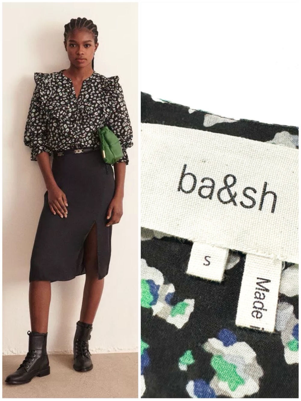ba&sh Blake Lady Shirt Black Floral Printed Blouse Cotton Blend Button Down Top